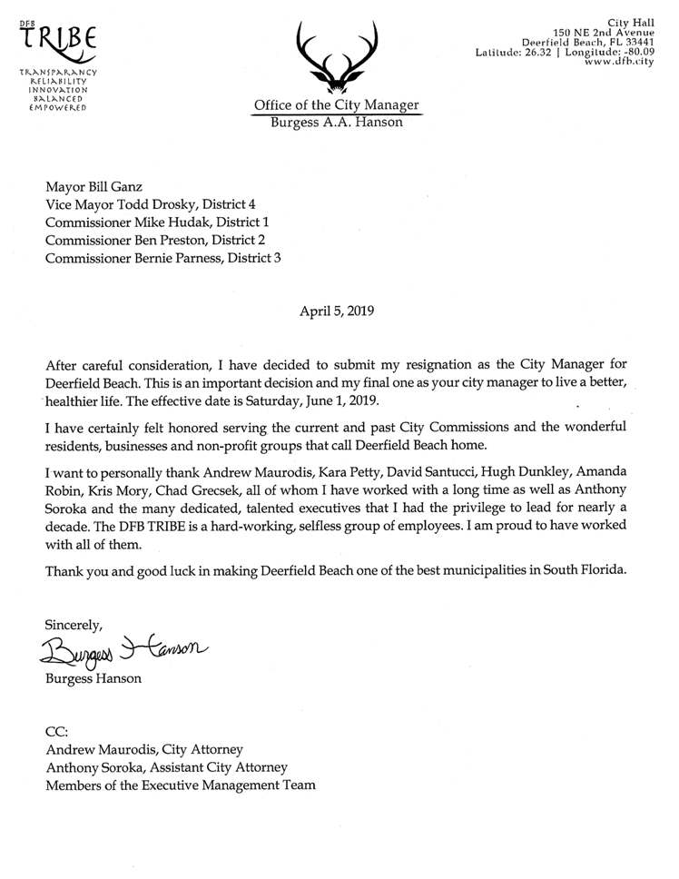 Burgess Hanson Deerfield Beach City Manager Letter of Resignation- April 5, 2019