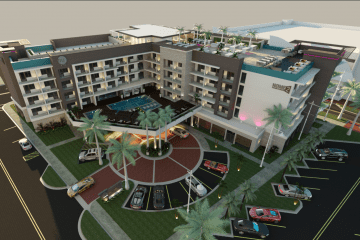 A rendering of the beachside, dual-branded Hilton Hotel which broke ground in Pompano Beach and is expected to be complete by December 2020.