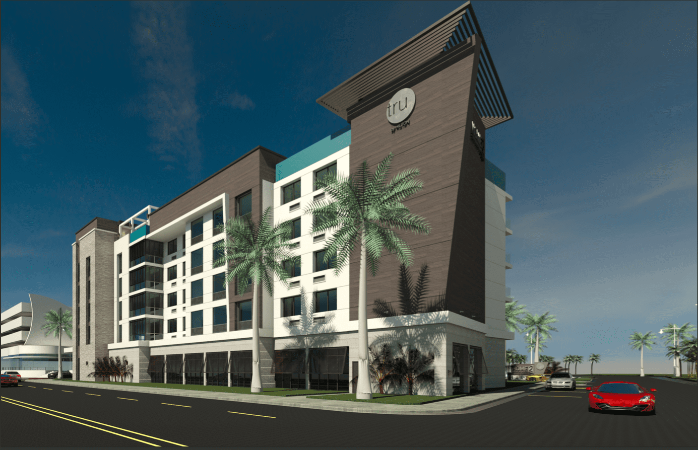 A rendering of the beachside, dual-branded Hilton Hotel which broke ground in Pompano Beach and is expected to be complete by December 2020.