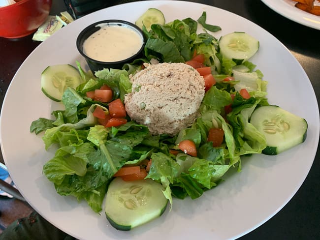 A garden salad with a scoop of tuna salad at Nelson's Diner in Pompano Beach.