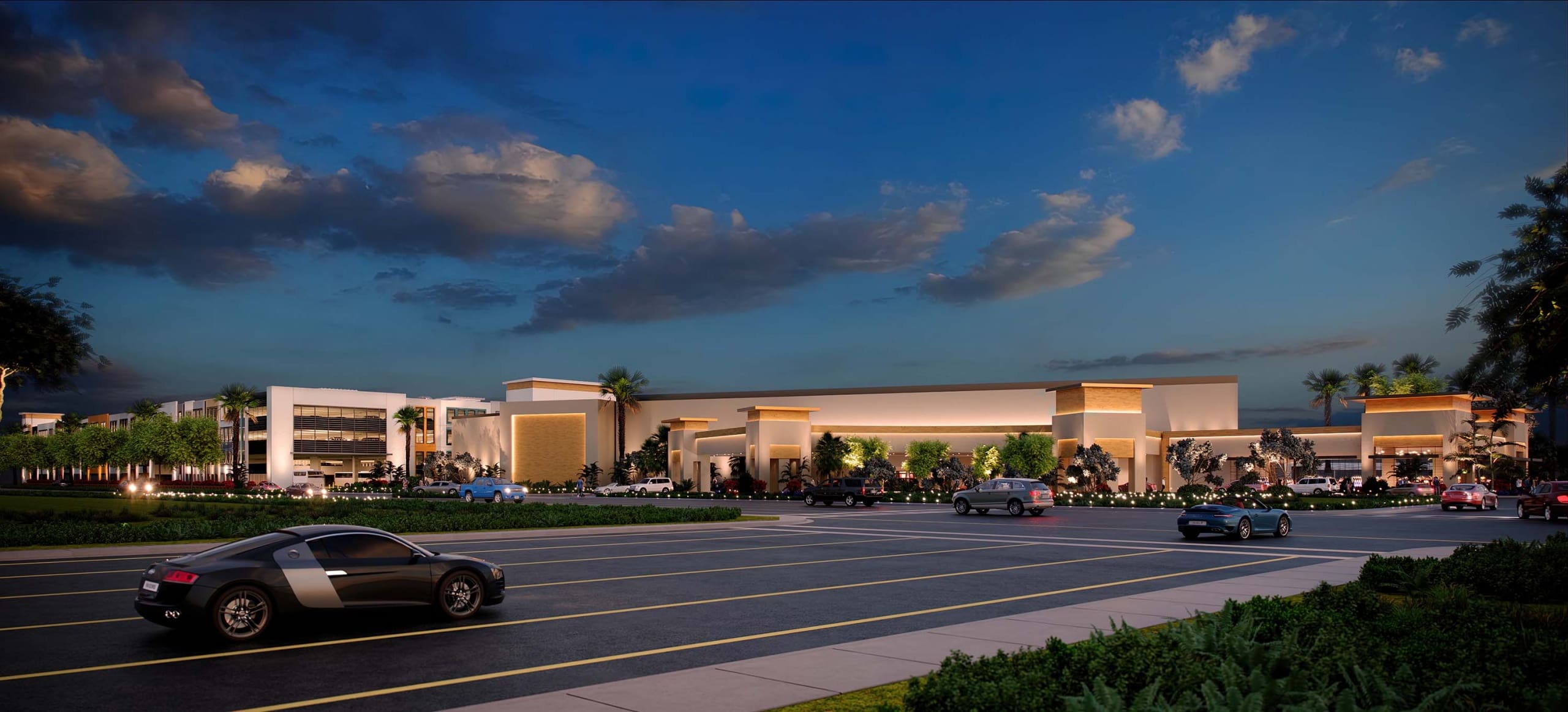 Rendering of Harrah's Pompano Beach showing the casino with the new parking garage (on left) and the new gaming terrace (on right).